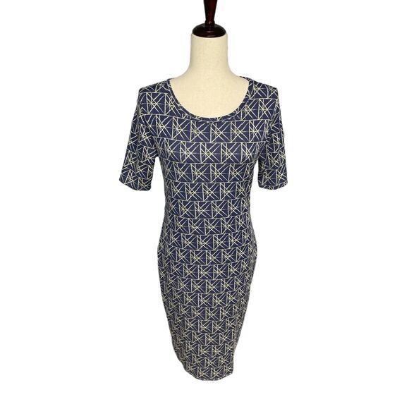 LuLaRoe Julia fitted short sleeve dress blue cream geometric pattern women's Med - Picture 1 of 5